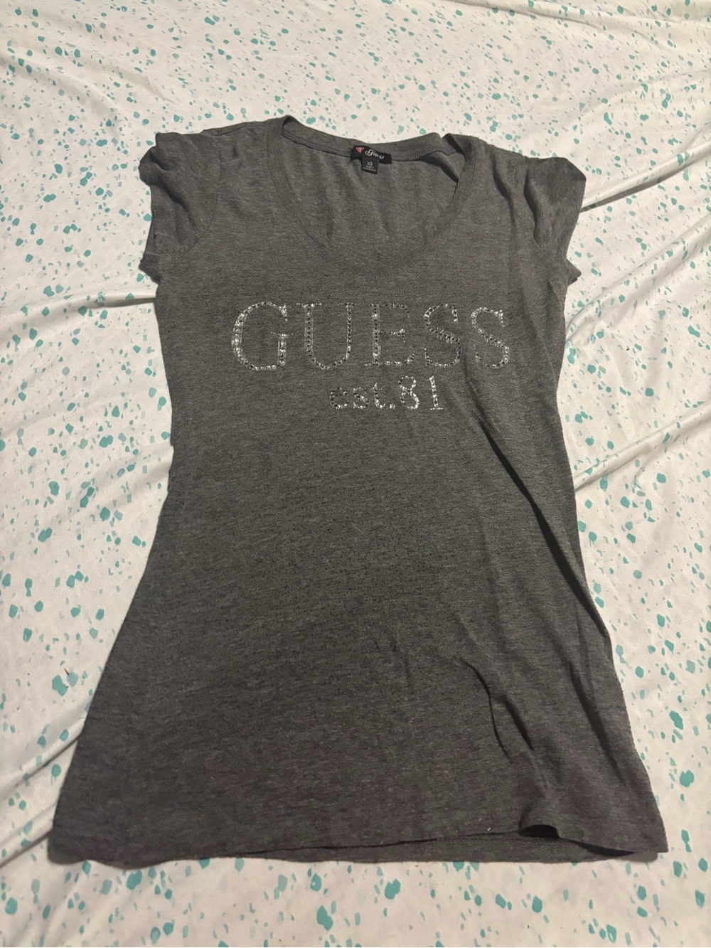 GUESS Gray Short-Sleeve Rhinestone Logo Tee